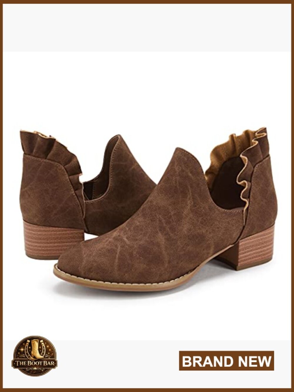 Ruffled V Cut Out Pointed Toe Chunky Low Heel Ankle Booties - Picture 3 of 6